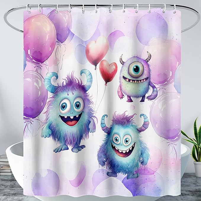 AILONEN Monster Shower Curtain for Bathroom, Cute Monster Purple Balloon Printed Bath Curtain,Women Girls Kids Minimalist Waterproof Fabric Shower Curtain Set with Hooks 60" W*72" H