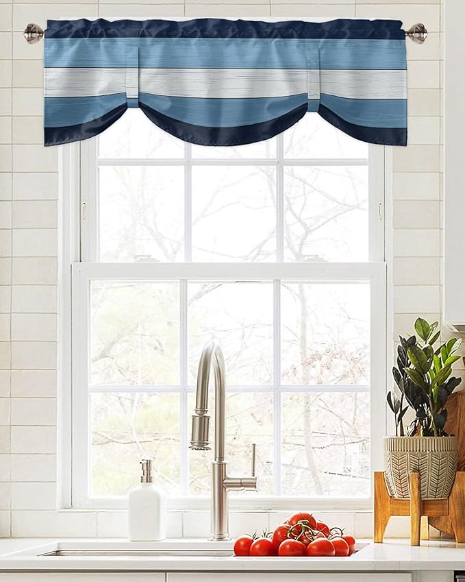 Farmhouse Blackout Tie Up Valance Curtains for Kitchen Windows,Navy Sky Blue White Window Toppers Balloon Shades for Living Room/Bathroom/Bedroom,1 Panel,42" X 18" Retro Rustic Barn Wood Texture