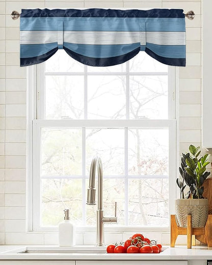 Farmhouse Blackout Tie Up Valance Curtains for Kitchen Windows,Navy Sky Blue White Window Toppers Balloon Shades for Living Room/Bathroom/Bedroom,1 Panel,42" X 12" Retro Rustic Barn Wood Texture
