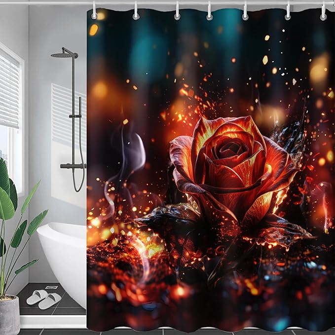AILONEN 3D Rose Shower Curtain for Bathroom, Romantic Flame Smoky Rose Flower Bath Curtain,Burning Rose Shower Curtain Decoration Waterproof with 12 Plastic Hooks, 48" W*72" H
