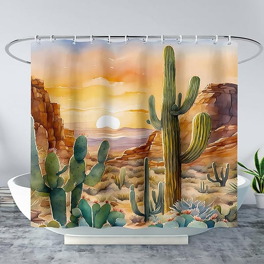 AILONEN Watercolor Cactus Shower Curtain,Orange Succulent Flower Waterproof Shower Curtains Set for Boys Kids Teens, 72" W*78" H Sunset Mountains Cactus Forest Shower Curtain
