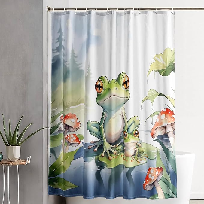 AILONEN Cartoon Frog Shower Curtain,Cute Green Frog Amphibious Animal Waterproof Fabric Bath Curtain for Kids Girls Boys,Red Mushroom Shower Curtain Set for Bathroom with Hooks,72" W*84" H