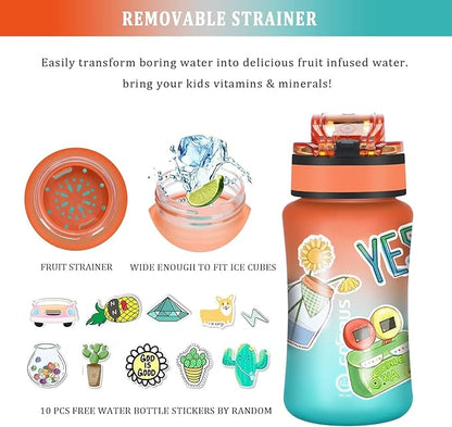 GOPPUS Kids Water Bottle with Straw Spout Lid 10pcs Stickers 12 oz Leak-proof BPA Free Motivational Time Marker Tritan Plastic Water Bottles for Girls Boys School Sports