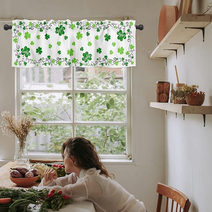 St. Patrick's Day Valances Kitchen Curtains for Windows,Shamrock Irish Clover Rod Pocket Valances Seasonal Spring Holiday Decoration Short Curtains For Bedroom/ Living Room,54" X 18" -1 Panel