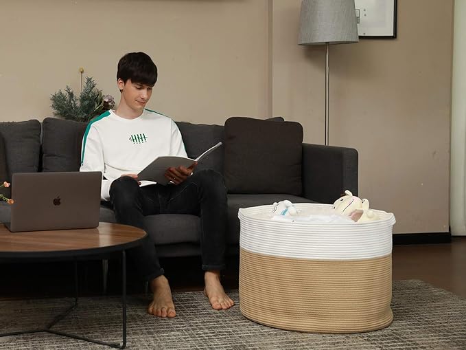 24" x 24" x 17" Max Size Large Cotton Rope Basket, Extra Large Storage Basket, Woven Laundry Hamper, Cloth Storage Bin, for Blankets Clothes Towels Pillows in Living Room, Beige