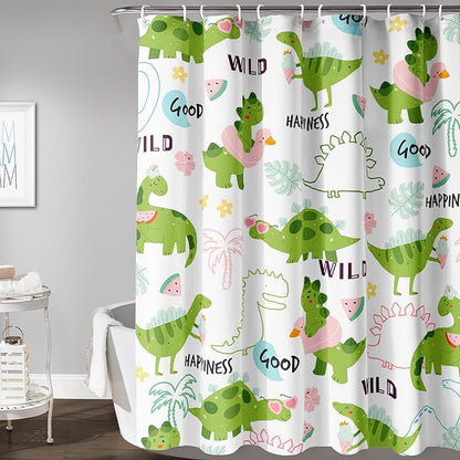 AILONEN Dinosaur Shower Curtain for Boys, Cute Green Kids Bath Curtain 36" W*72" H,Tropical Leaves Funny Dinosaur Curtain with 12 Plastic Hooks