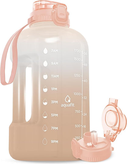 AQUAFIT 64 oz Water Bottle with Time Marker - BPA Free Half Gallon Water Bottle with Straw - Gym Water Bottle with Handle, Gallon Water Jug, Big Water Bottle, Large Water Bottle (Nude, 2in1 Lid)