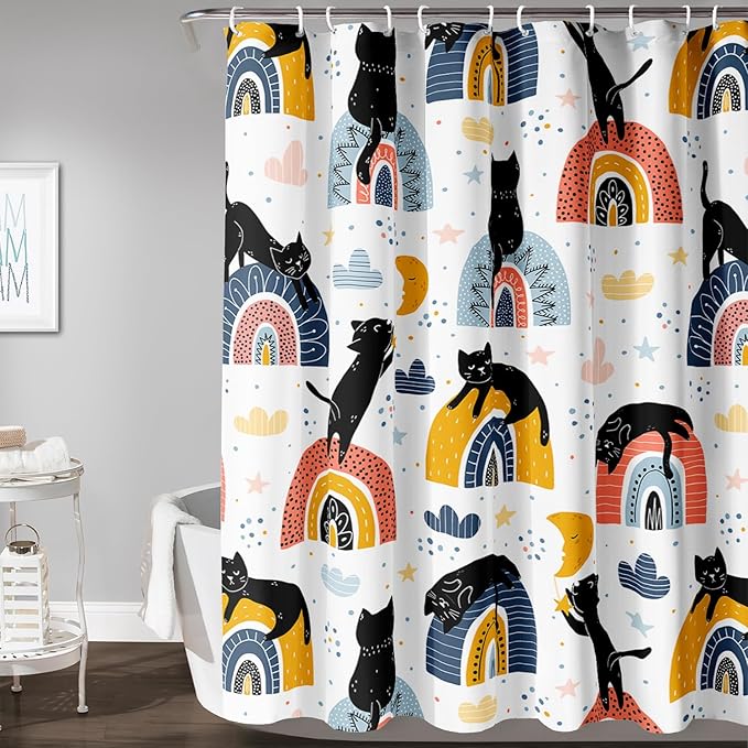 AILONEN Cat Shower Curtain, Rainbow Cat Bath Curtain,Cute Black Cat Bathroom Curtain Decor,Cat Lover Polyester Waterproof 36" W*72" H Shower Curtain,Hooks