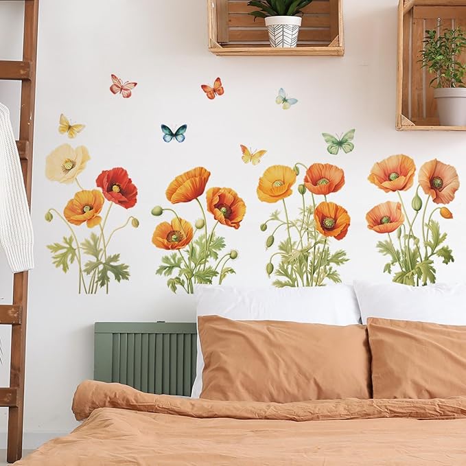 Poppies Wall Stickers for Kids Bedroom -Butterfly Flowers Wall Decals for Girls Room,Classroom,Nursery, Playroom- Removable DIY Peel and Stick Wall Art Decor