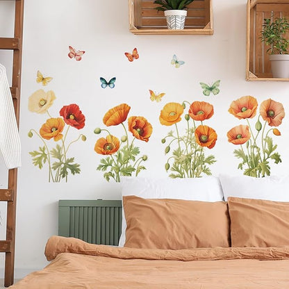 Poppies Wall Stickers for Kids Bedroom -Butterfly Flowers Wall Decals for Girls Room,Classroom,Nursery, Playroom- Removable DIY Peel and Stick Wall Art Decor
