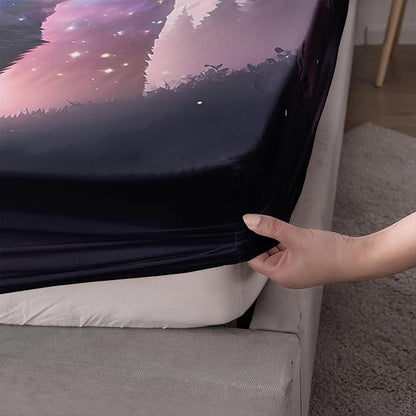 AILONEN Bear Fitted Sheet Set Twin XL Size, Evening Starry Sky Forest Bear Bed Sheet Set Decor,Animal Bear Wildlife Fitted Sheet and 2 Pillowcases,3 Pieces