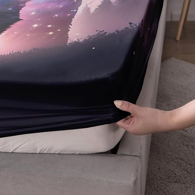 AILONEN Bear Fitted Sheet Set Full Size, Evening Starry Sky Forest Bear Bed Sheet Set Decor,Animal Bear Wildlife Fitted Sheet and 2 Pillowcases,3 Pieces