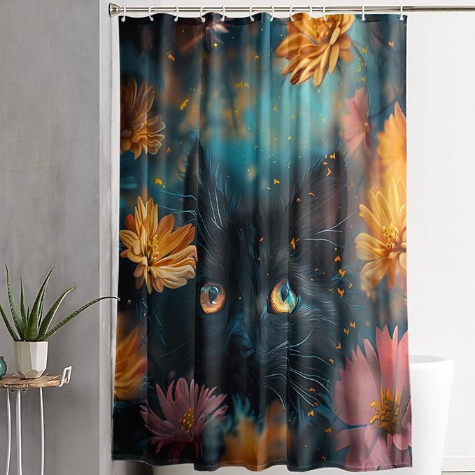 AILONEN Cute Black Cat Shower Curtain Set, Yellow Flower Kitty Cloth Shower Curtain Curtain for Bathroom,Cat Lovers Animal Shower Curtain Liner for Kids Boys Girls,48" W*72" H