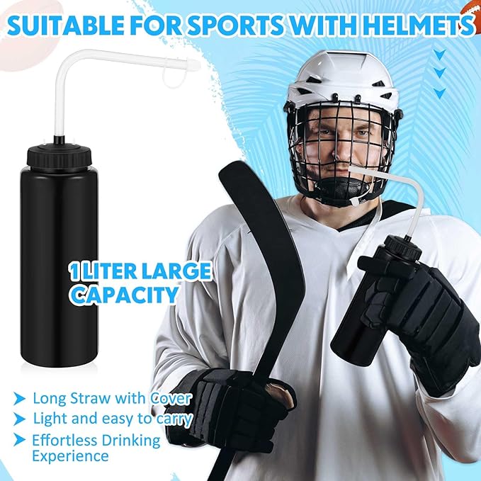 Domensi 4 Pack 1 Liter Sports Water Bottle W/Long Straw Hockey Lacrosse Water Bottle with Straw BPA Free Easy Squeeze Plastic Use W/Sport Helmet in Football Baseball Gym Yoga(Black)