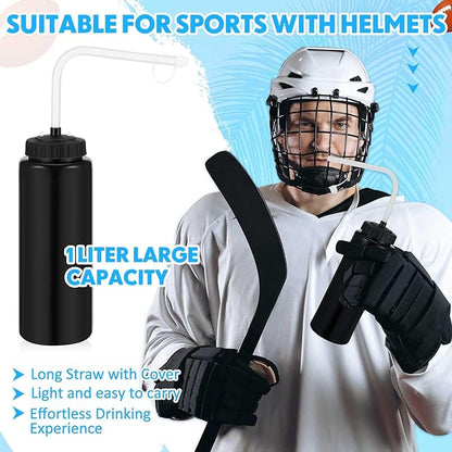 Domensi 4 Pack 1 Liter Sports Water Bottle W/Long Straw Hockey Lacrosse Water Bottle with Straw BPA Free Easy Squeeze Plastic Use W/Sport Helmet in Football Baseball Gym Yoga(Black)