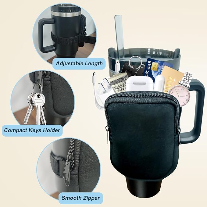 Water Bottle Pouch for Stanley Quencher Adventure 40oz & Stanley IceFlow 20oz 30oz,Tumbler Pouch with Pocket, for Keys, Wallet, Cards, Earphone,Compact, Versatile (Black)