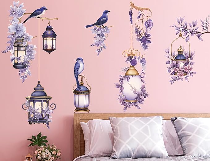 Removable 3D DIY Hanging Flowers Wall Decal Floral and Lamp Wall Sticker Peel and Stick Flower Vine Wall Decor for Kids Girls Bedroom Nursery Living Room Background Decoration (Purple)