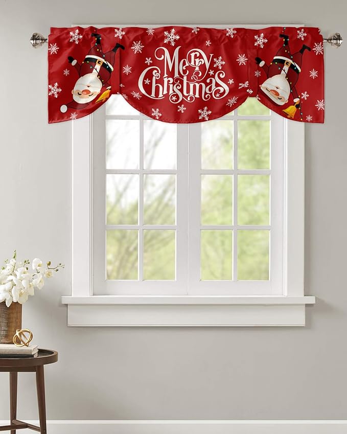 Red Merry Christmas Blackout Tie Up Valance Curtains for Kitchen Windows Funny Hanging Santa Window Toppers Balloon Shades for Living Room/Bathroom/Bedroom,1 Panel, 42" X 12", Snow Winter Holiday
