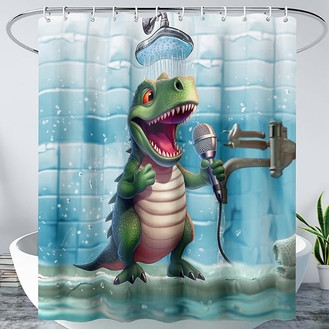 AILONEN Cartoon Dinosaur Shower Curtain for Kids Boys,Funny Singing Dinosaur Waterproof Fabric Shower Curtain for Bathroom,Lovely Green Dinosaur Shower Curtain Set with Hooks,60" W*72" H