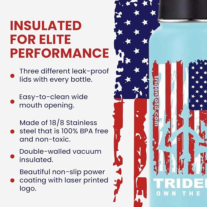 American Flag Water Bottle, 32 oz Insulated Water Bottle, Reusable Water Bottle with Straw, Leak Proof Water Bottles, Thermos Water Bottle - Combat Veteran Small Business (Light Blue, 32 Oz)