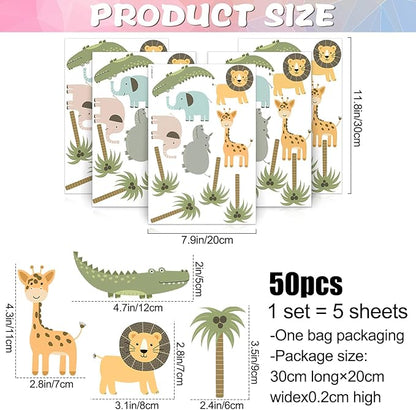 5PCS Cartoon Animal Wall Decal Removable DIY Elephant Hippopotamus Giraffe Lion Crocodile Wall Decal Peel and Stick Coconut Tree Wall Art for Baby Nursery Bedroom Living Room Playroom Decor (A)