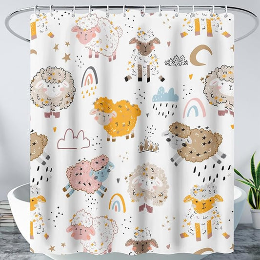 AILONEN Cute Sheep Kids Shower Curtain for Bathroom,Sheep Moon Clouds Kids Creative Rainbow Waterproof Bath Curtain,Modern Minimalist White Curtain with 12 Plastic Hooks(72" W*78" H)