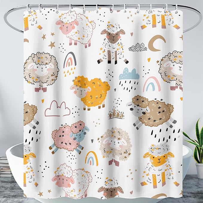 AILONEN Cute Sheep Kids Shower Curtain for Bathroom,Sheep Moon Clouds Kids Creative Rainbow Waterproof Bath Curtain,Modern Minimalist White Curtain with 12 Plastic Hooks(36" W*72" H)