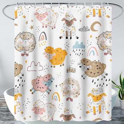 AILONEN Cute Sheep Kids Shower Curtain for Bathroom,Sheep Moon Clouds Kids Creative Rainbow Waterproof Bath Curtain,Modern Minimalist White Curtain with 12 Plastic Hooks(60" W*72" H)