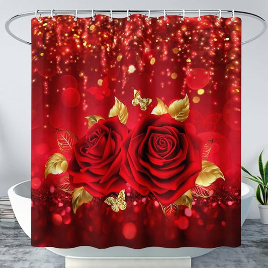 AILONEN Red Rose Shower Curtain for Bathroom,Romantic Rose Flower Waterproof Bath Curtain,Girls Women Curtain Bathroom Decor 36" W x 72" H with 12 Plastic Hooks