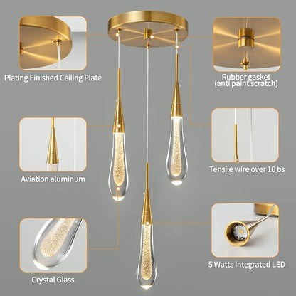 LMQNINE Kitchen Light Fixtures Ceiling Dimmable LED Modern Gold Pendant Light Mini Teardrop Crystal Pendant Light for Kitchen Island Bedroom Hallway Entryway (3-Light)