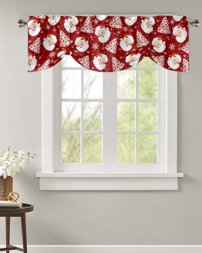Red Christmas Blackout Tie Up Valance Curtains for Kitchen Windows Santa Claus Merry Christmas Tree Window Toppers Balloon Shades for Living Room/Bathroom/Bedroom,1 Panel, 54" X 18", Winter Snowflake