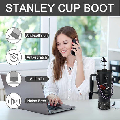 BELSITA Stanley Cup Accessories Set, Black Dog Chain Braided Design Water Bottle Handle Strap, Black Glitter Silicone Stanley Cup Boot, Stanley Charms for Stanley Cup 30/40oz Tumble(Halloween 1)