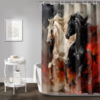 AILONEN 3D Horse Shower Curtain,Black White Galloping Horses Waterproof Fabric Shower Curtains for Bathroom,Farmhouse Animals Bath Curtain Set with Hooks, 72" W*72" H