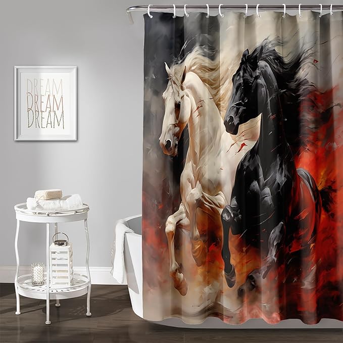 AILONEN 3D Horse Shower Curtain,Black White Galloping Horses Waterproof Fabric Shower Curtains for Bathroom,Farmhouse Animals Bath Curtain Set with Hooks, 72" W*78" H