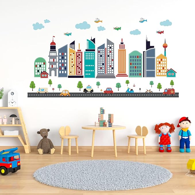 49pcs Cars City Wall Decals Removable Sticker for Kids Cartoon Cloud Skyscraper Construction Wall Stickers Airplane Kids Wall Decor Children's Day Gift Wallpapers for Nursery Classroom Playroom