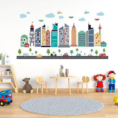 49pcs Cars City Wall Decals Removable Sticker for Kids Cartoon Cloud Skyscraper Construction Wall Stickers Airplane Kids Wall Decor Children's Day Gift Wallpapers for Nursery Classroom Playroom