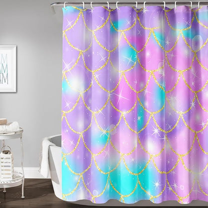AILONEN Mermaid Scale Shower Curtain,Purple Mermaid Scale Bath Curtain for Girls Bathroom,Polyester Waterproof for Shower with 12 Plastic Hooks 48" W*72" H