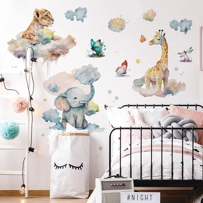 Watercolor Animals Wall Decals Elephant Lion Giraffe Wall Stickers Colorful Butterfly Clouds for Baby Boy Girl Room Decor Decals Peel and Stick Airplanes Kids Wall Stickers Nursery Decor