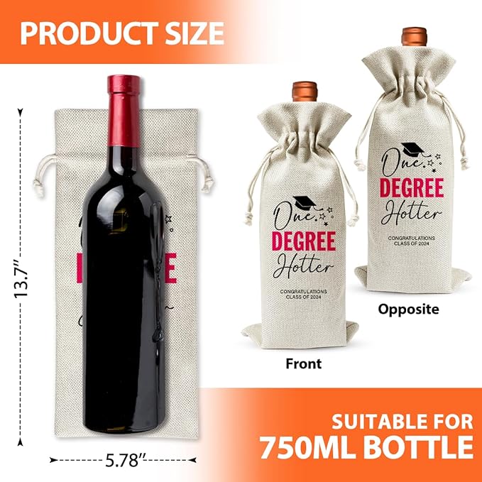 Graduation Wine Bag, One Degree Hotter Gift Wine Bag For Masters Grad, College Graduation Party Favors Decor, Farewell PHD Gift for Women, Wine Champagne Bag, Burlap Wine Bottle Cover Bag