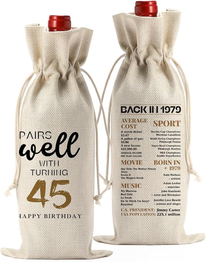 45th Birthday Gifts for Women Men, Gifts for 45 Year Old Woman Mom Dad Friend Wine Gift Bag, Wine Accessories Gifts Anniversary 45th Birthday Decorations Wine Bag Wine Bags for Wine Bottles Gifts