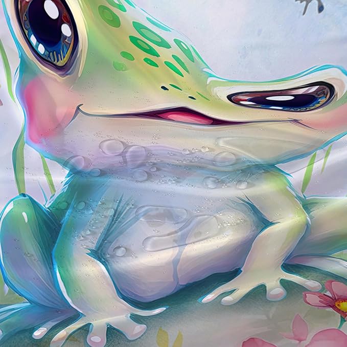 AILONEN Cartoon Frog Shower Curtain,Kawaii Frog Waterproof Fabric Bath Curtain for Kids Girls,Watercolor Blue Flower with Butterfly Shower Curtain Set for Bathroom with Hooks,48" W*72" H