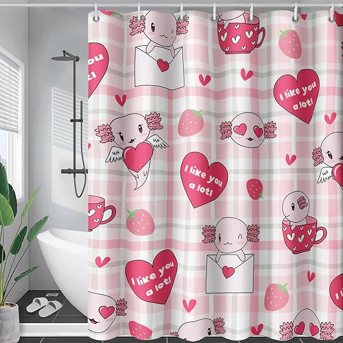AILONEN Axolotl Shower Curtain Pink Love Hearts Print Bath Curtain Girls Women Adults Strawberry Grid Shower Curtain 60" W*72" H Bathroom Curtain Decor Polyester Waterproof Curtain with 12 Hooks