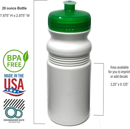 Rolling Sands 20 Ounce Sports Water Bottles 24 Pack, BPA-Free, Made in USA, Dishwasher Safe, White Bottles/Green Lids