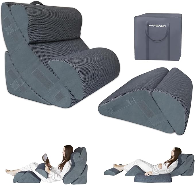 6PCS XL Orthopedic Bed Wedge Pillow for Sleeping, Gel Memory Foam Post Surgery Pillow Set for Back, Neck, Leg Support, Acid Reflux, Gerd, Anti Snoring, with Washable Cover & Travel Bag (Gray, 24'' W)