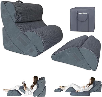 6PCS XL Orthopedic Bed Wedge Pillow for Sleeping, Gel Memory Foam Post Surgery Pillow Set for Back, Neck, Leg Support, Acid Reflux, Gerd, Anti Snoring, with Washable Cover & Travel Bag (Gray, 24'' W)