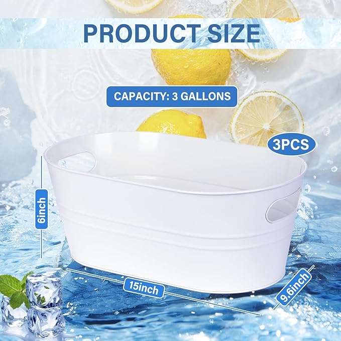 3 Pcs Galvanized Tub 3 Gallon Ice Bucket Large Metal Bucket for Parties Beverage Tub with Handles for Champagne Cocktails Wine Cooling for Mimosa Bar Supplies (White)