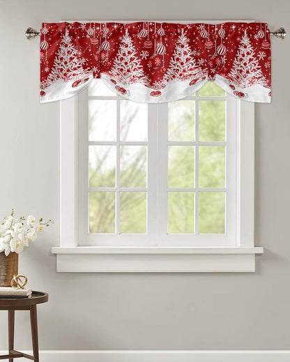 Red Christmas Blackout Tie Up Valance Curtains for Kitchen Windows White Xmas Tree Snowflakes Red Balls Window Toppers Balloon Shades for Living Room/Bathroom/Bedroom,1 Panel, 42" X 18", Winter