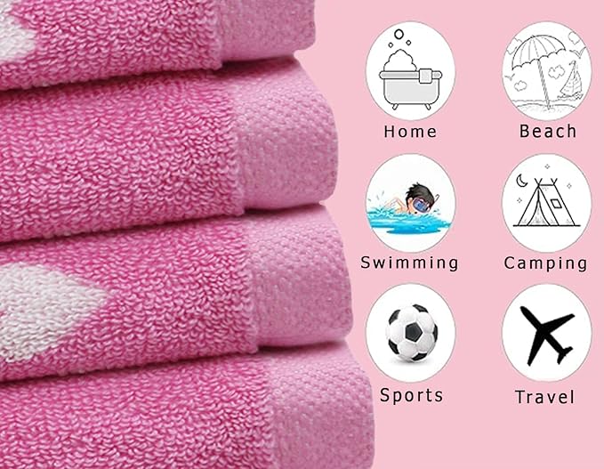 6 Piece Towel Set - Bath Time Hearts - 2 Bath Towels, 2 Hand Towels, 2 Washcloths in Bonus Tote Bag - 100% Cotton Jacquard Colorful Soft Absorbent Pool Beach Kids Towel Gift - Pink White