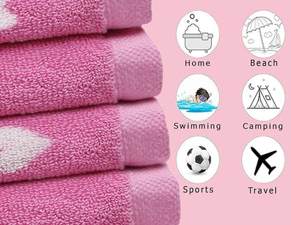 6 Piece Towel Set - Bath Time Hearts - 2 Bath Towels, 2 Hand Towels, 2 Washcloths in Bonus Tote Bag - 100% Cotton Jacquard Colorful Soft Absorbent Pool Beach Kids Towel Gift - Pink White