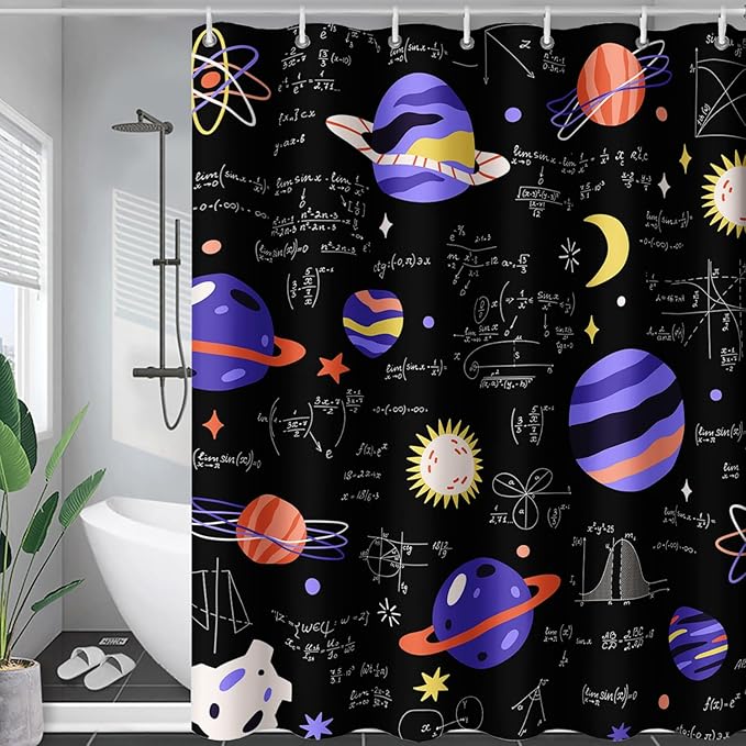 AILONEN Solar System Shower Curtain,Math Galaxy Purple Planet Bath Curtain for Bathroom Decor,Cartoon Planet Polyester Waterproof with 12 Plastic Hooks 72" W*78" H